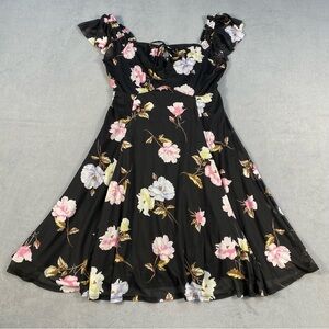American Rag Women’s Sheer Black Floral Dress, Ruffled Sleeves, Lined,Size M